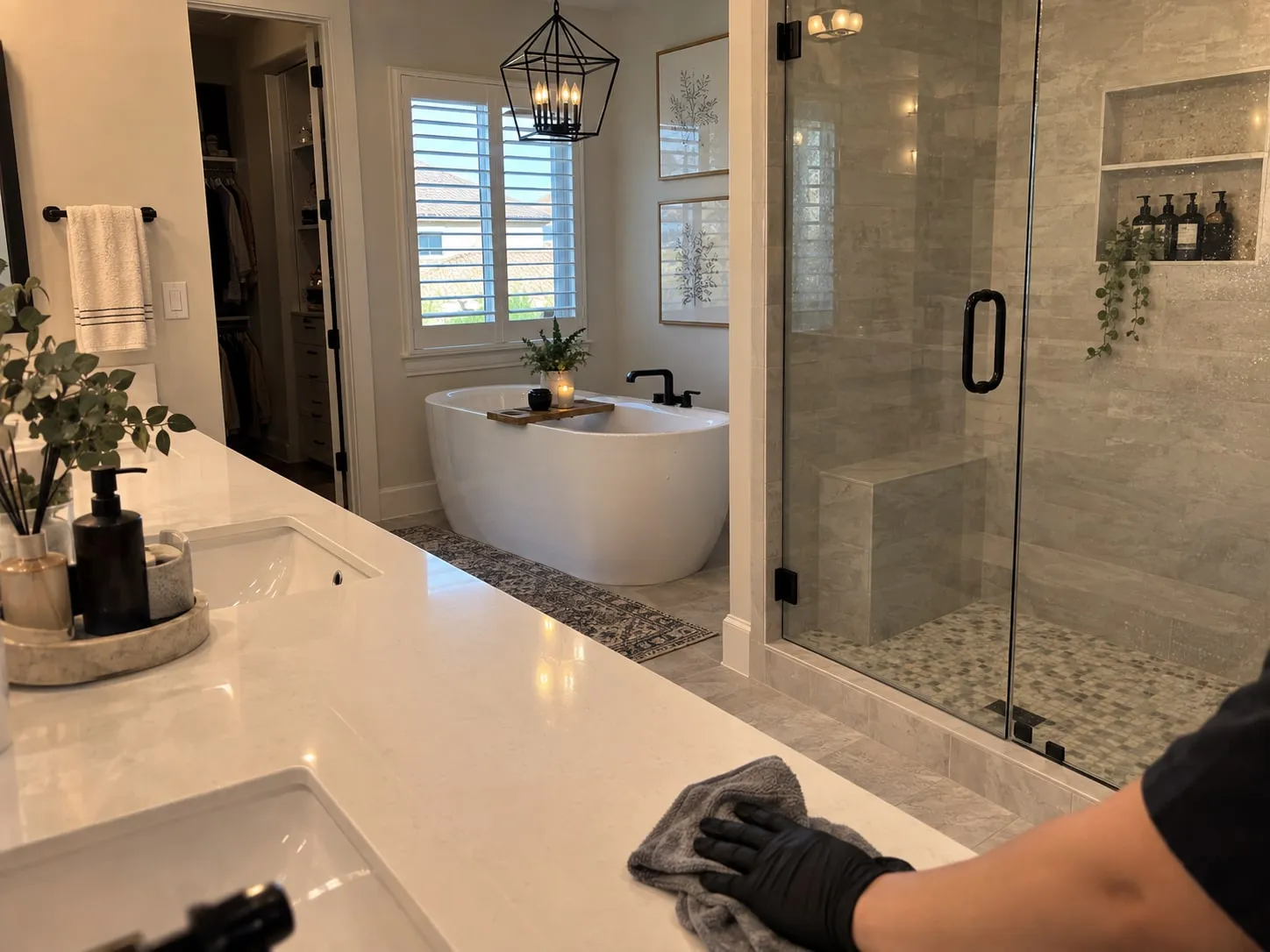 Cleaner removing hard water buildup from a shower door during a deep cleaning in McKinney, TX