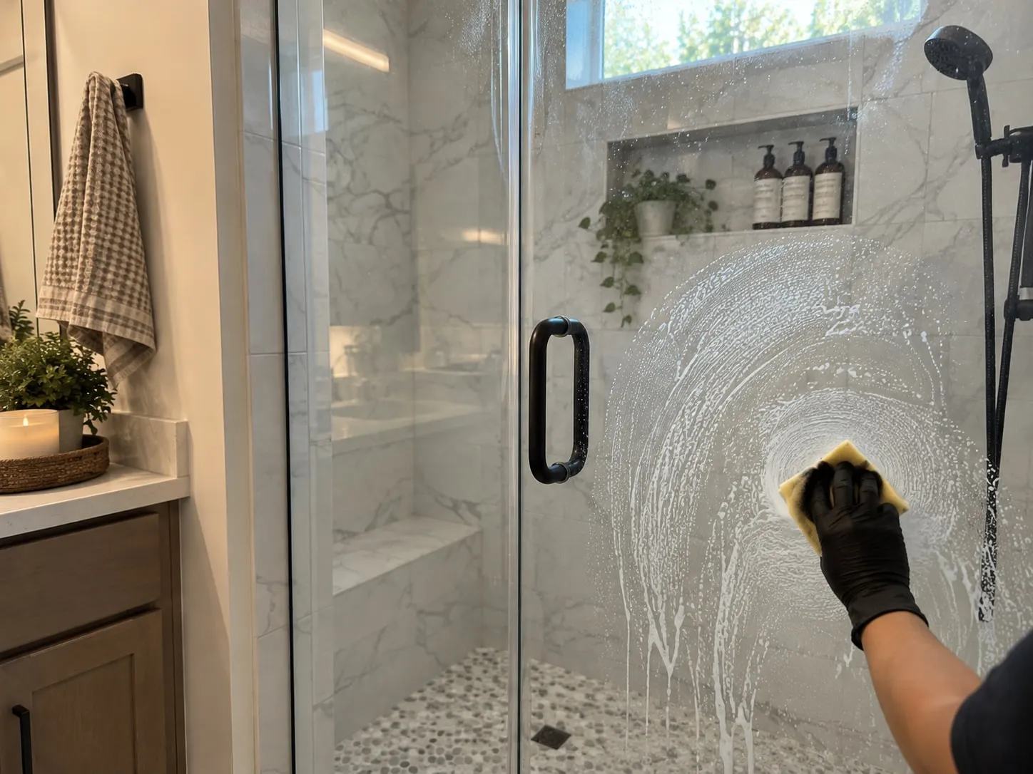 Cleaner scrubbing hard-water buildup off a glass shower door during a deep cleaning in North Texas
