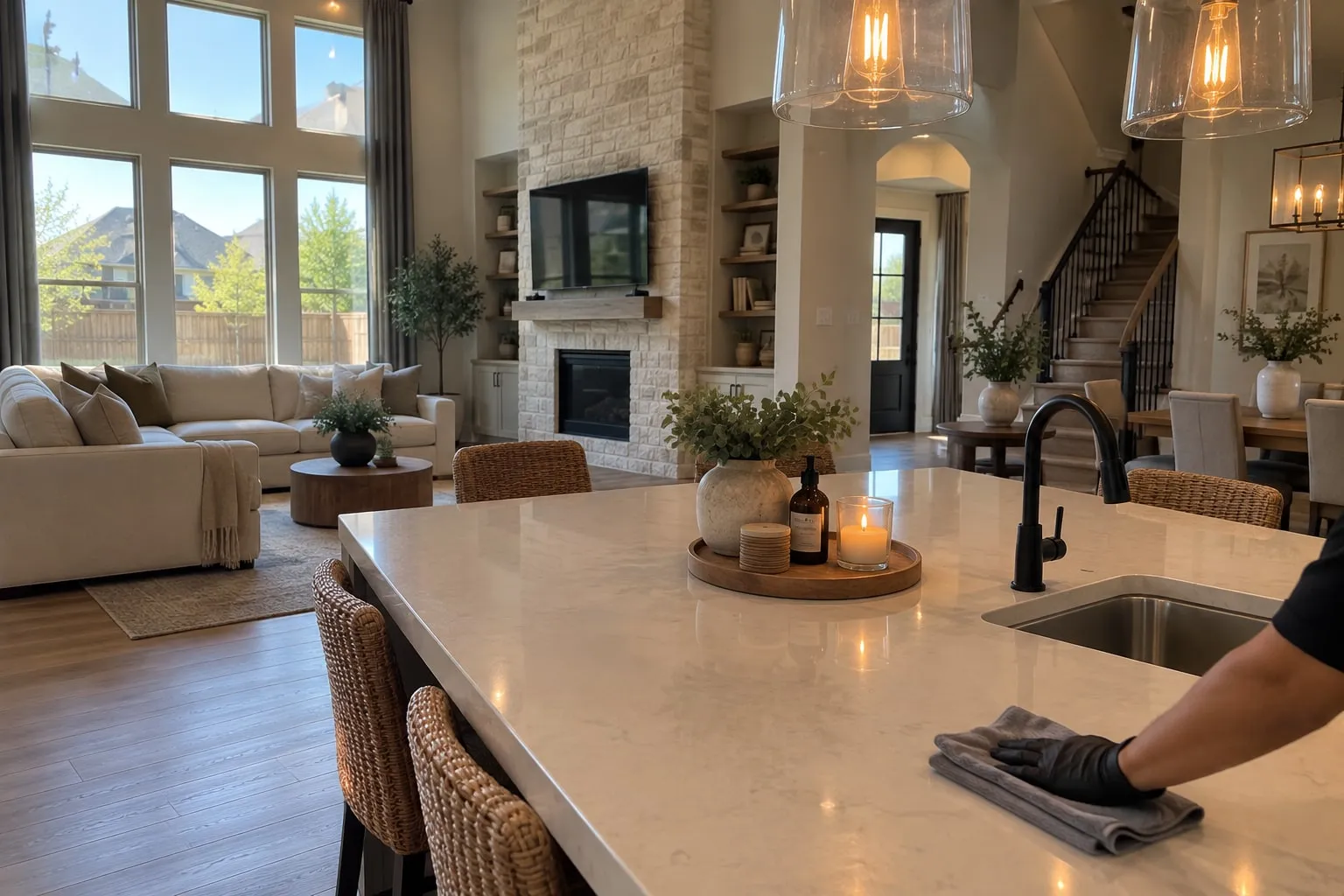 Spotless open-concept kitchen and living room in a McKinney, TX home after professional house cleaning