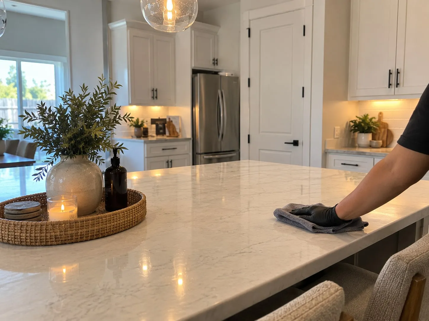 House cleaner wiping down a marble kitchen island during a regular house cleaning in North Texas